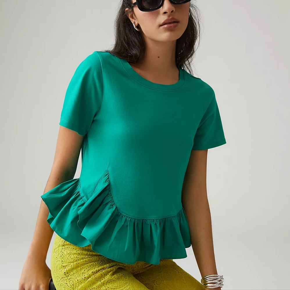 Anthropologie Maeve Green Ruffle Hem Top